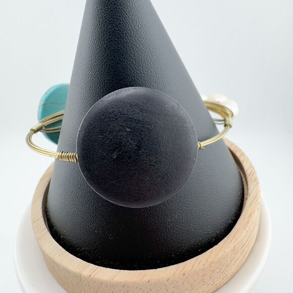 Bohemian Wire Wrapped Bracelet Turquoise Color Stone Wood Faux Pearl Bangle - Picture 7 of 9